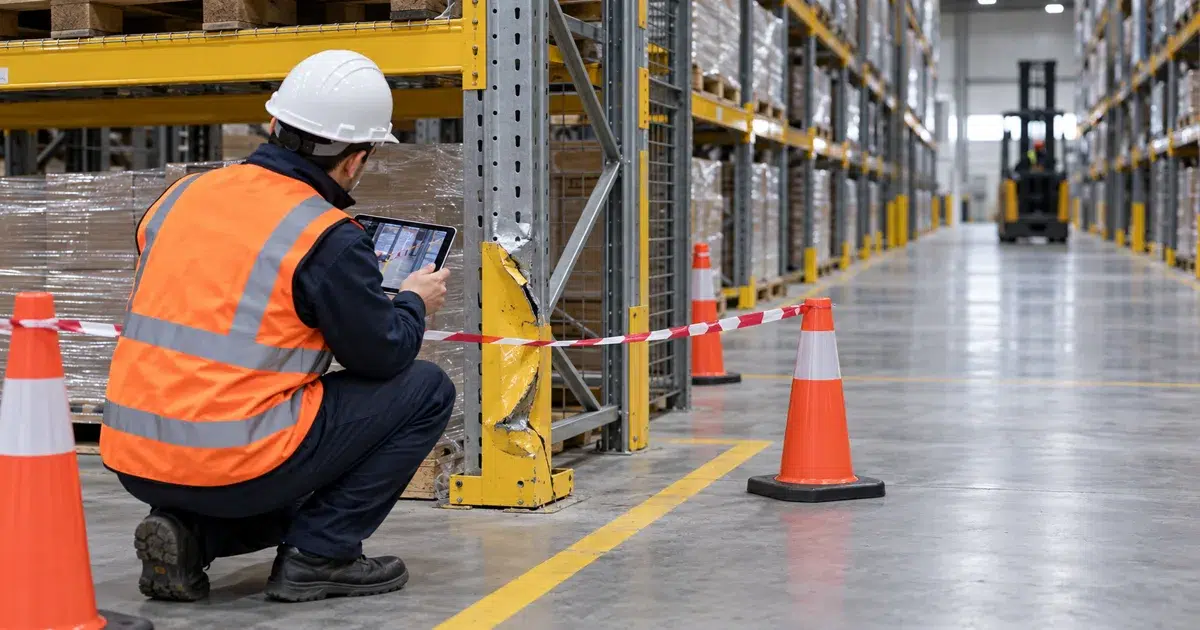 Daños por impacto en racks: cómo registrar, aislar y evaluar la zona 1 Profesional inspeccionando daños por impacto en un rack industrial aislado con conos de seguridad